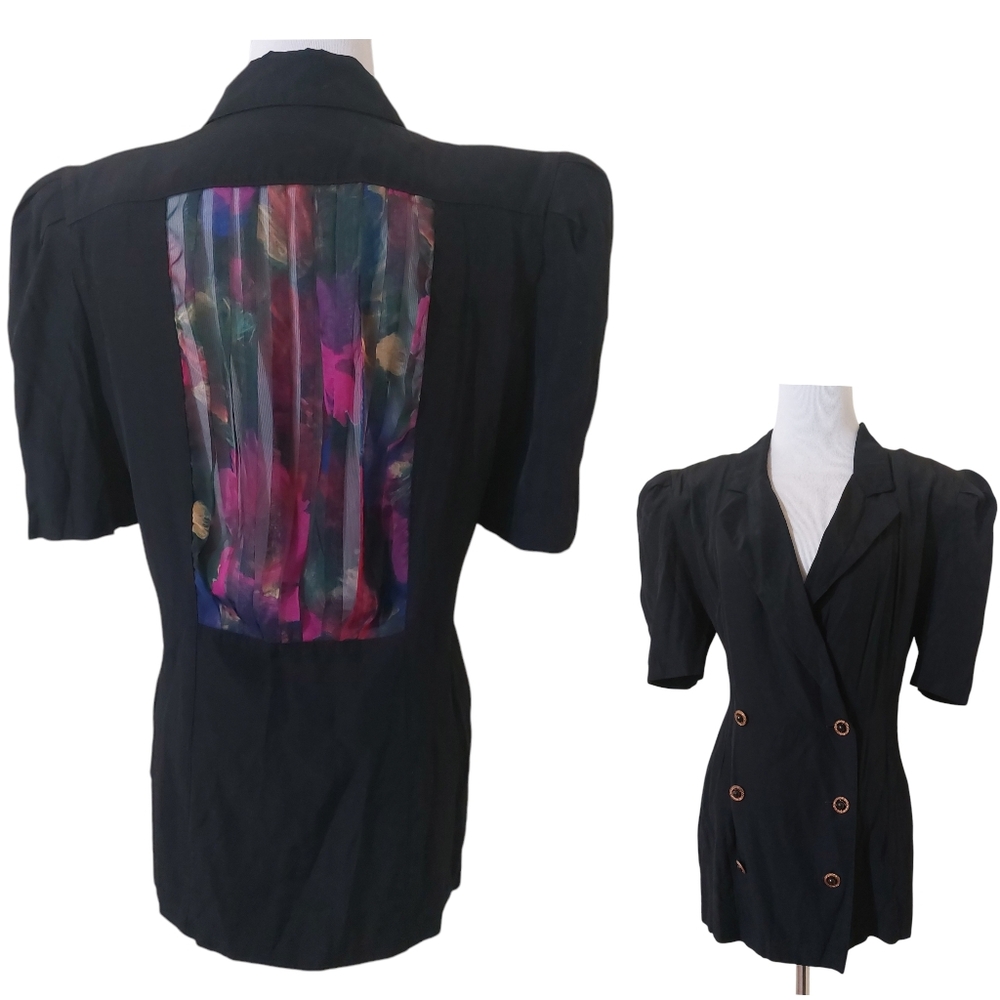 All That Jazz Vintage 80s Retro Sheer Floral Short Sleeve Blazer Jacket Womens